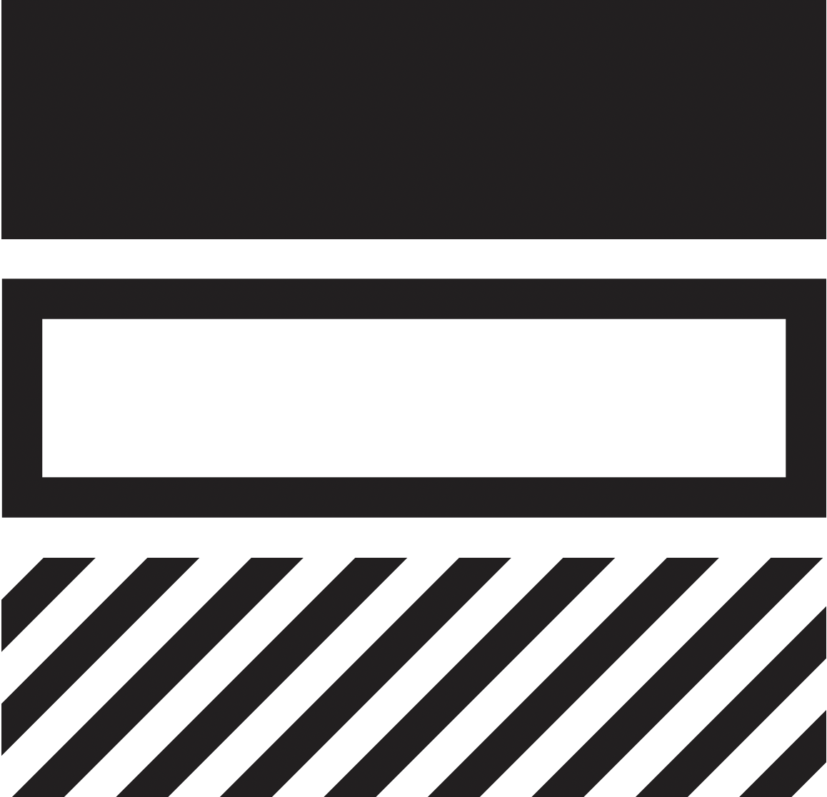 Abstrakte schwarz-weiße Grafik auf weißem Hintergrund mit drei übereinander angeordneten rechteckigen Elementen: einer schwarzen Fläche, einem umrandeten Rechteck und einer Fläche mit diagonalen schwarzen Streifen
