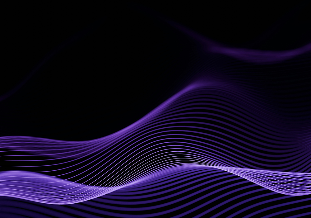 Abstrakte Darstellung fließender Linien in Violett- und Schwarztönen. Die Linien bilden wellenförmige Strukturen auf dunklem Hintergrund.