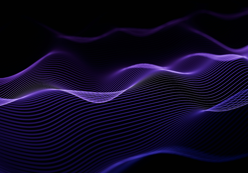 Dynamisches Linienmuster in Violett auf dunklem Hintergrund. Mehrere geschwungene Linien überlagern sich und erzeugen den Eindruck einer fließenden Bewegung.