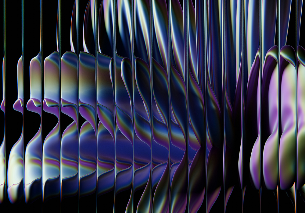 Abstrakte Komposition aus vertikal verlaufenden, metallisch glänzenden Formen in Violett-, Blau- und Grüntönen. Die Strukturen wirken plastisch und reflektierend auf schwarzem Hintergrund.