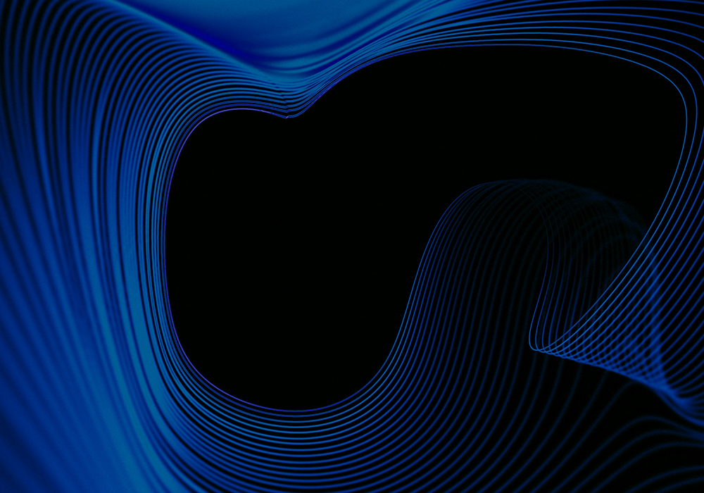 Abstrakte Linienkomposition in Blautönen auf schwarzem Hintergrund. Die geschwungenen Linien bilden eine dynamische, tunnelartige Struktur mit räumlicher Tiefe.