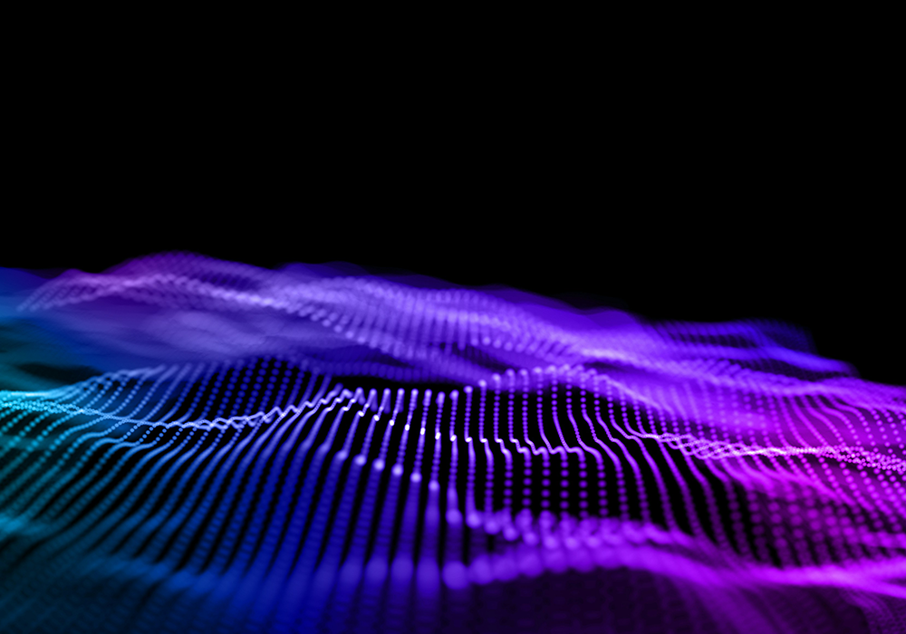 Punktmuster in Blau- und Magentatönen auf schwarzem Hintergrund, die eine dynamische Wellenbewegung erzeugen. Die Punkte verlaufen in wellenförmigen Mustern und vermitteln einen Eindruck von Bewegung.