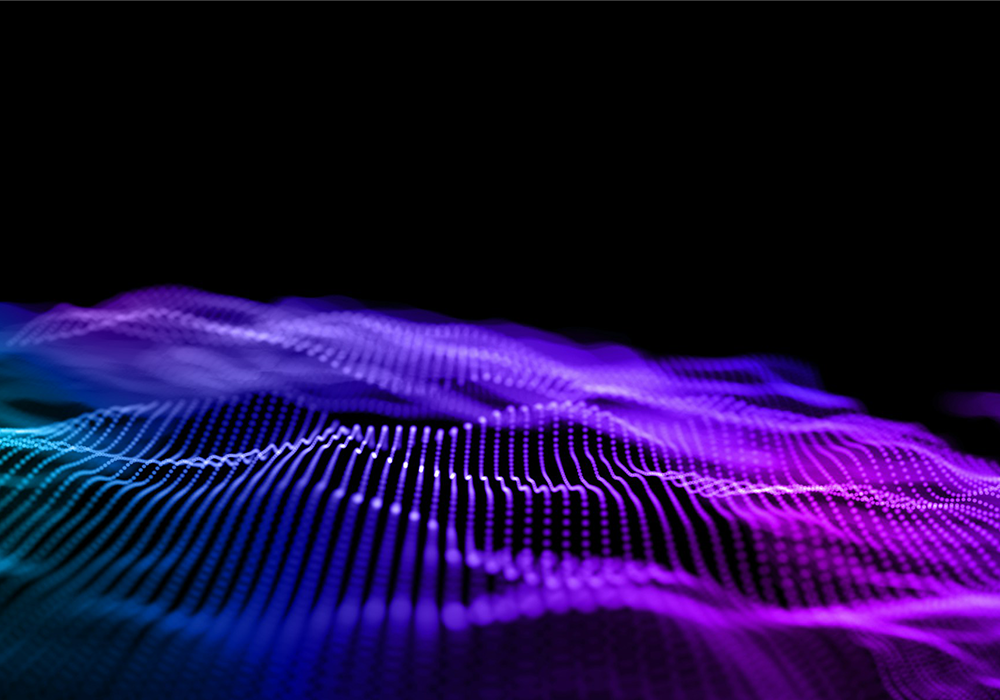 Abstrakte Komposition aus geschwungenen, fächerförmigen Linien in einem Farbverlauf von Türkis über Blau bis Violett.