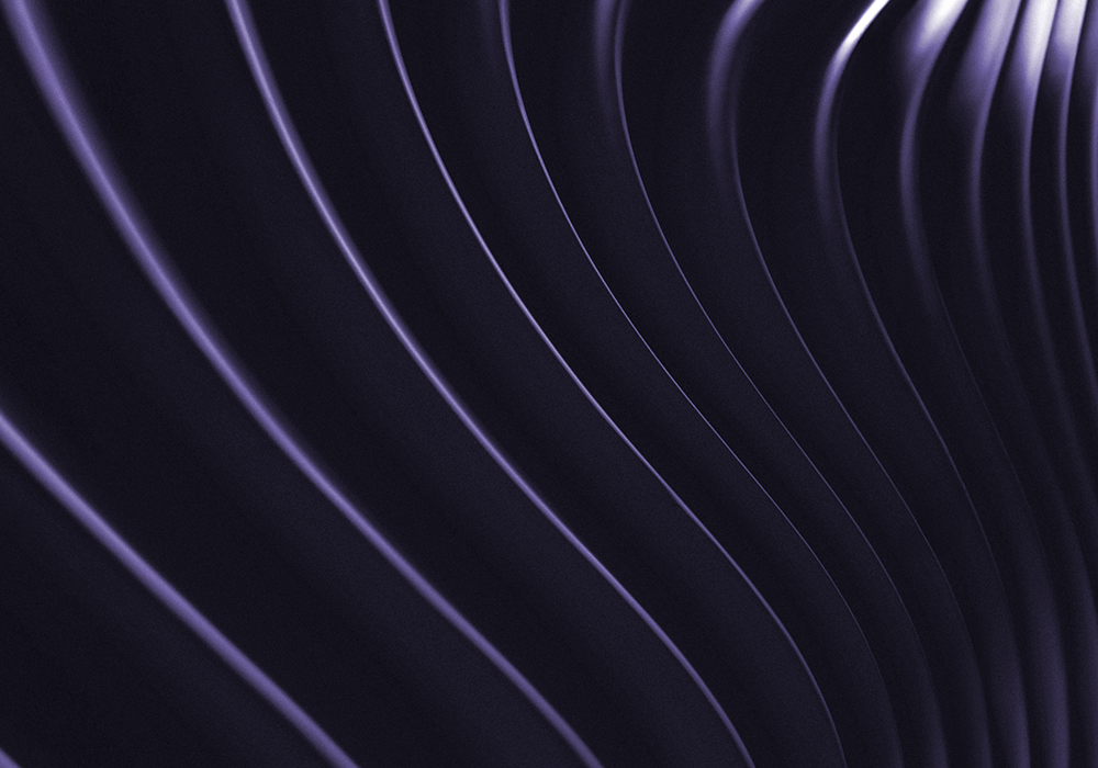 Abstrakte Nahaufnahme geschwungener Linien in dunklen Violett- und Schwarztönen. Die regelmäßigen, fließenden Formen erzeugen eine wellenartige Struktur mit weichen Licht- und Schattenverläufen.