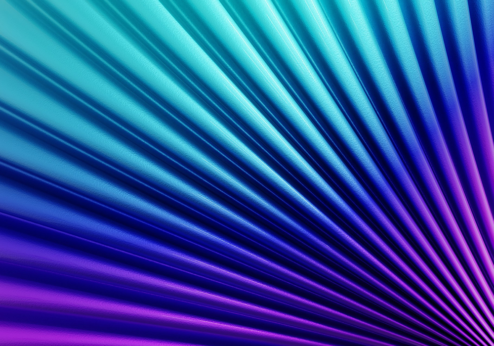 Abstrakte Komposition aus geschwungenen, fächerförmigen Linien in einem Farbverlauf von Türkis über Blau bis Violett.