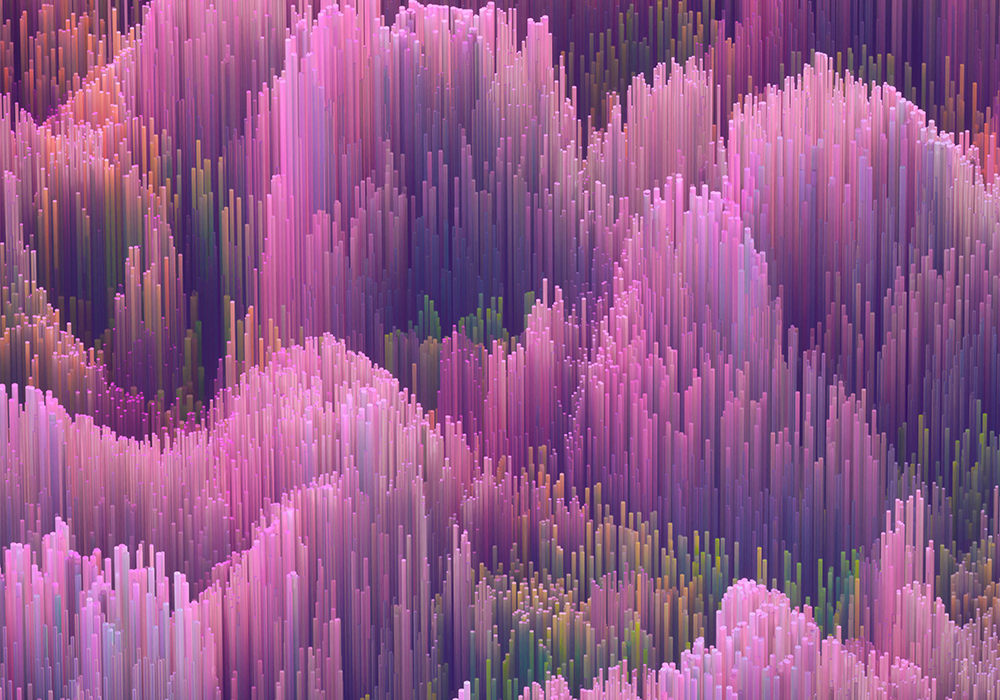 Abstrakte 3D-Darstellung in Rosa- und Lilatönen: dicht angeordnete, vertikale Stäbe formen eine wellenartige Landschaft.