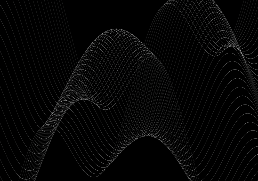 Liniengrafik aus sich überlagernden weißen Wellen auf schwarzem Hintergrund. Die feinen Linien bilden ein komplexes, gitterartiges Muster.