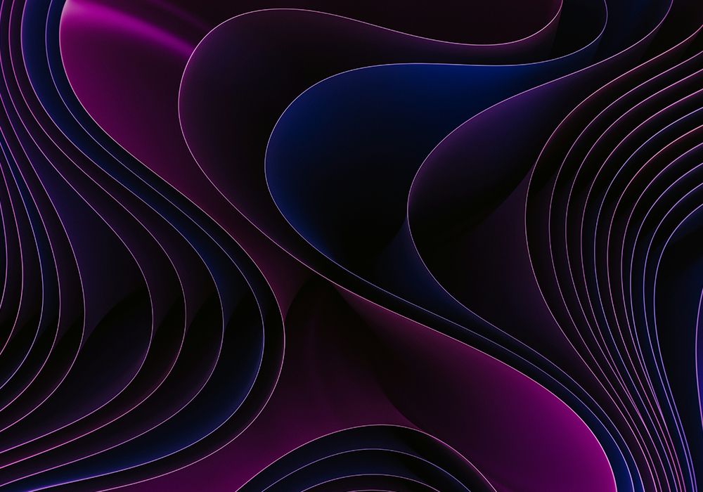 Abstrakte Komposition aus geschwungenen Linien in Violett- und Schwarztönen. Die Linien fließen sanft und erzeugen eine organische, wellenartige Struktur.
