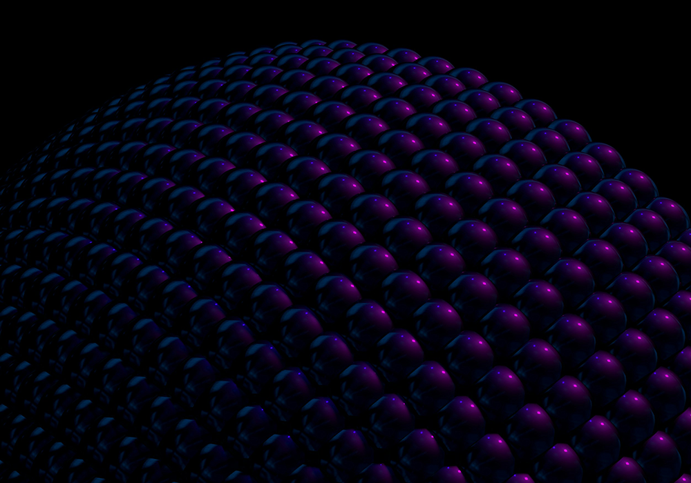 Geometrische Komposition aus gleichmäßig angeordneten Kugeln in Blau- und Violetttönen. Die Kugeln formen eine halbkugelförmige Struktur auf dunklem Hintergrund.